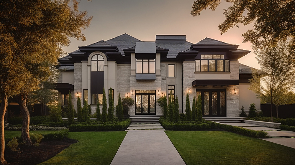 Modern large two-story house with gray stone facade, tall windows, and neatly landscaped front yard illuminated by evening light.