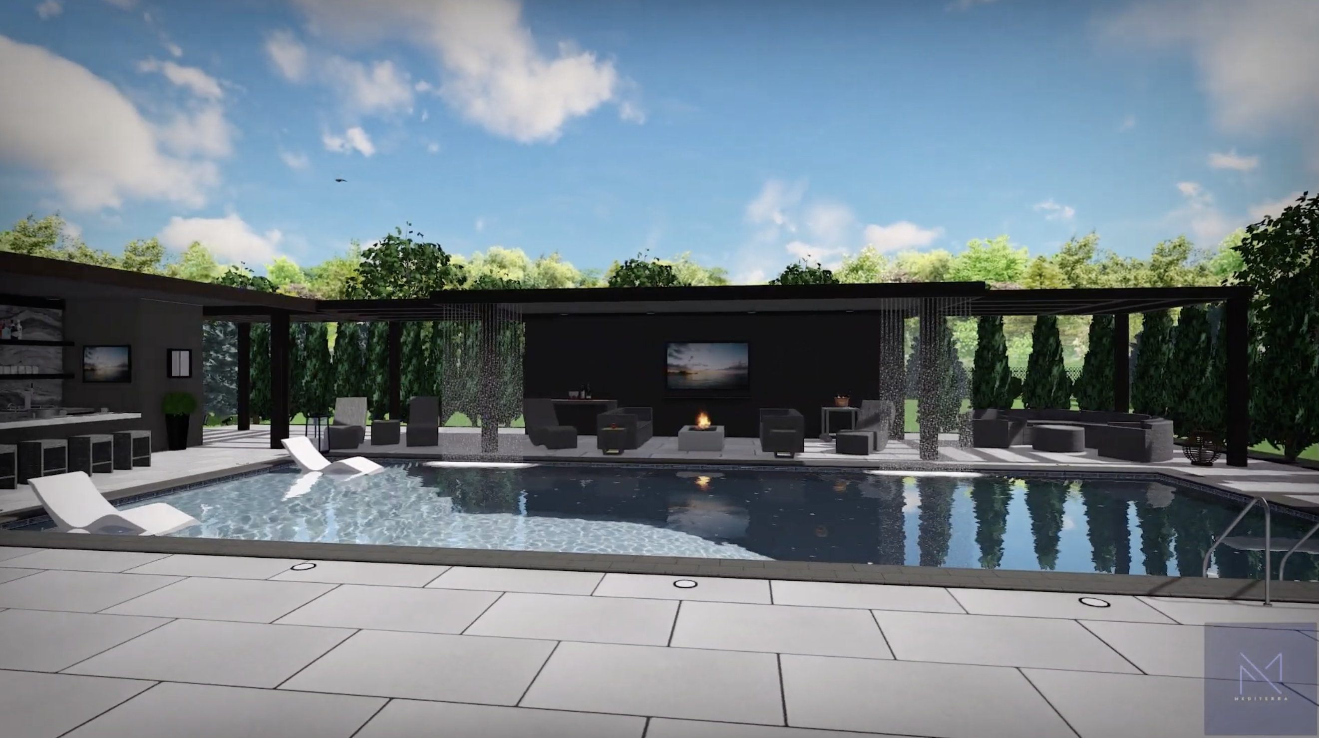 luxury outdoor living layout pool patio pavilion Toronto backyard design