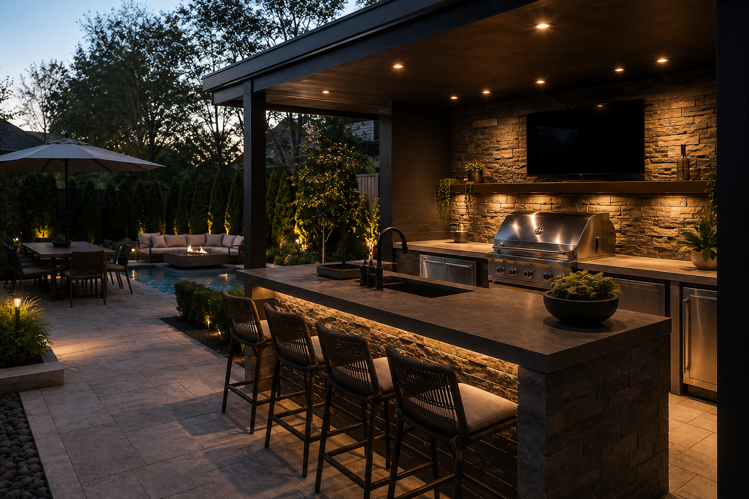 Modern outdoor kitchen with stone countertop, bar stools, built-in grill, TV, and ambient lighting next to a backyard pool and patio area at dusk.