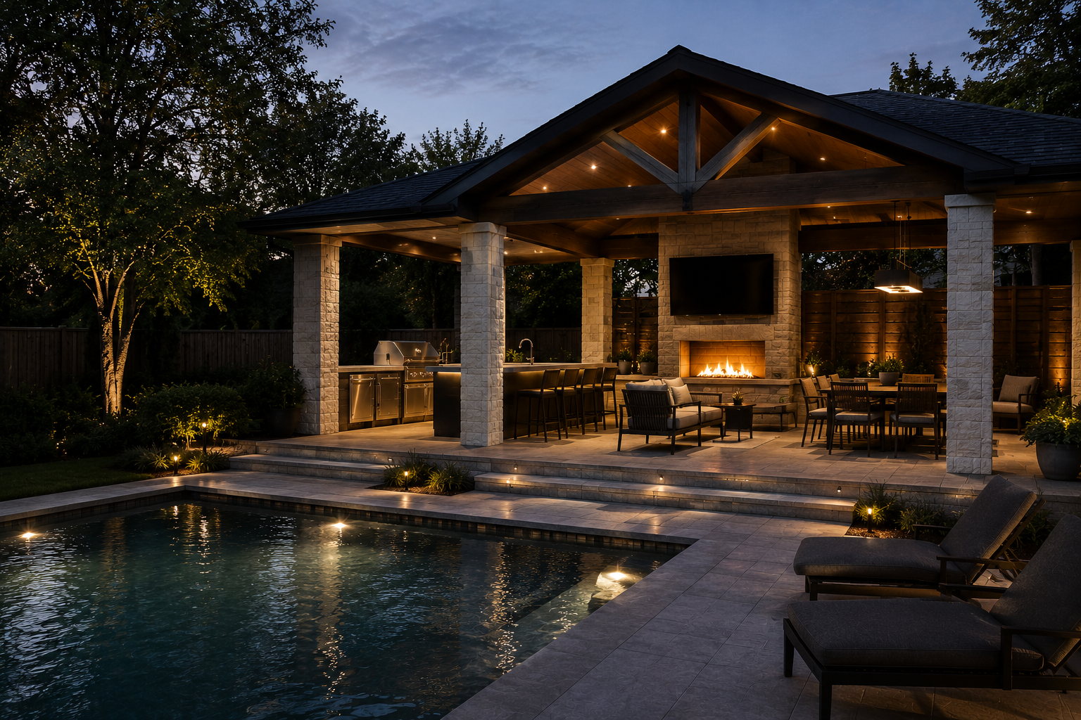 luxury backyard design pool outdoor kitchen pavilion Toronto