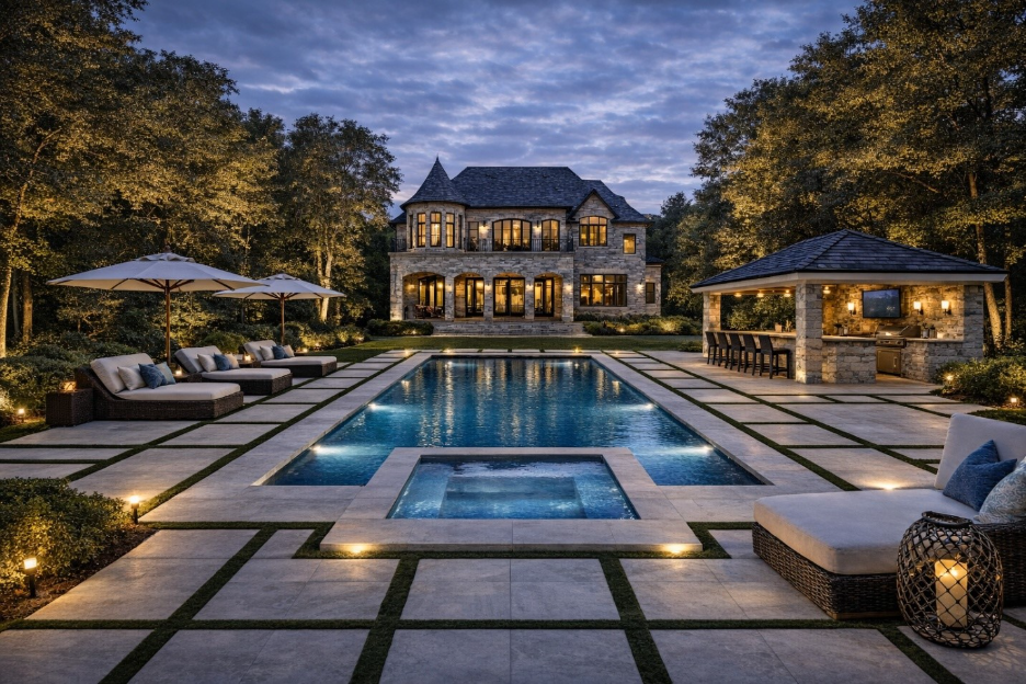 Luxurious backyard with illuminated pool, lounge chairs, and a stone outdoor kitchen pavilion at dusk.
