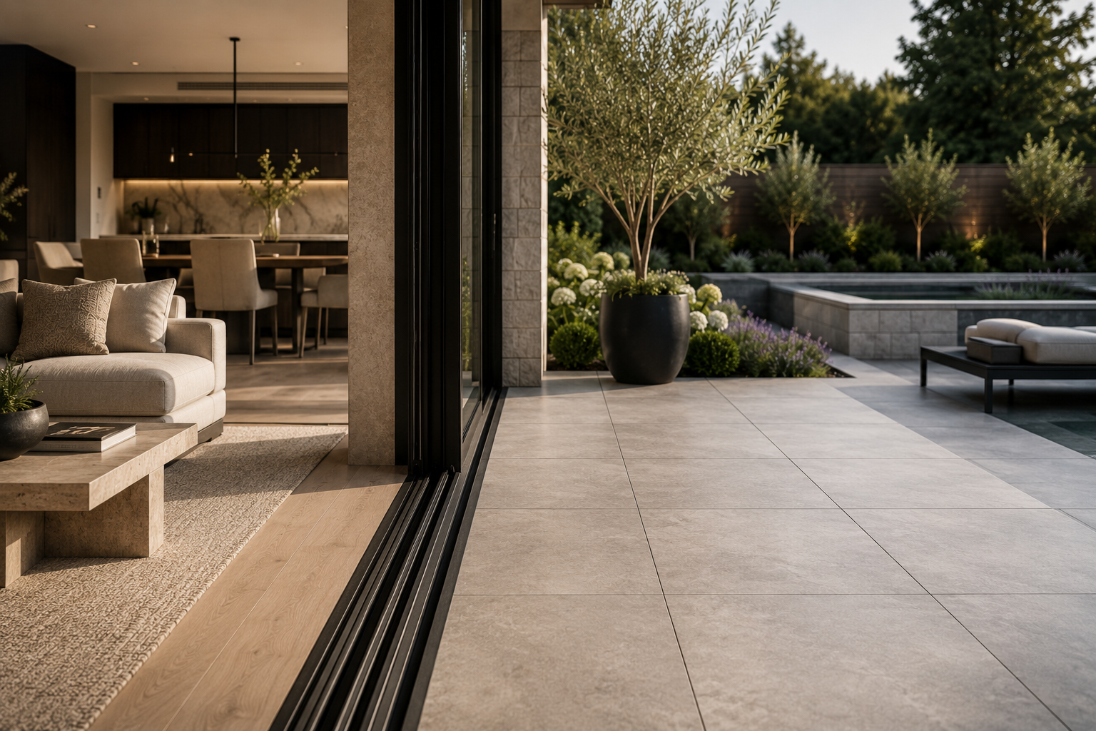 Architectural material continuity between interior and outdoor living Toronto