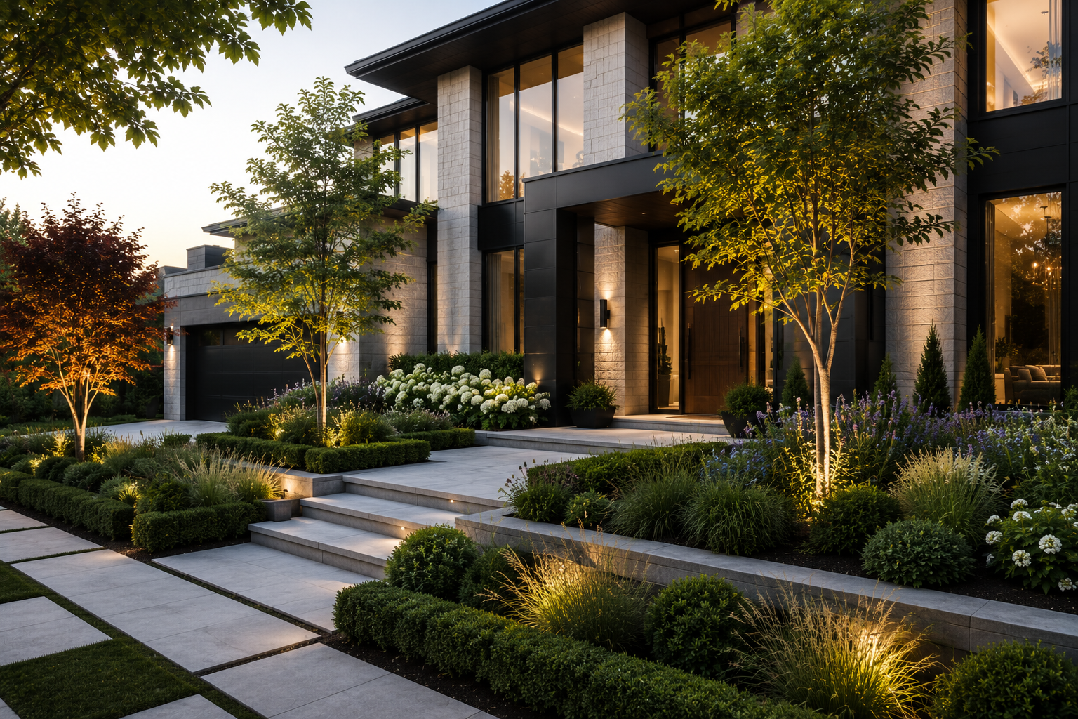 Layered planting framing the architecture of the residence rather than obscuring it.