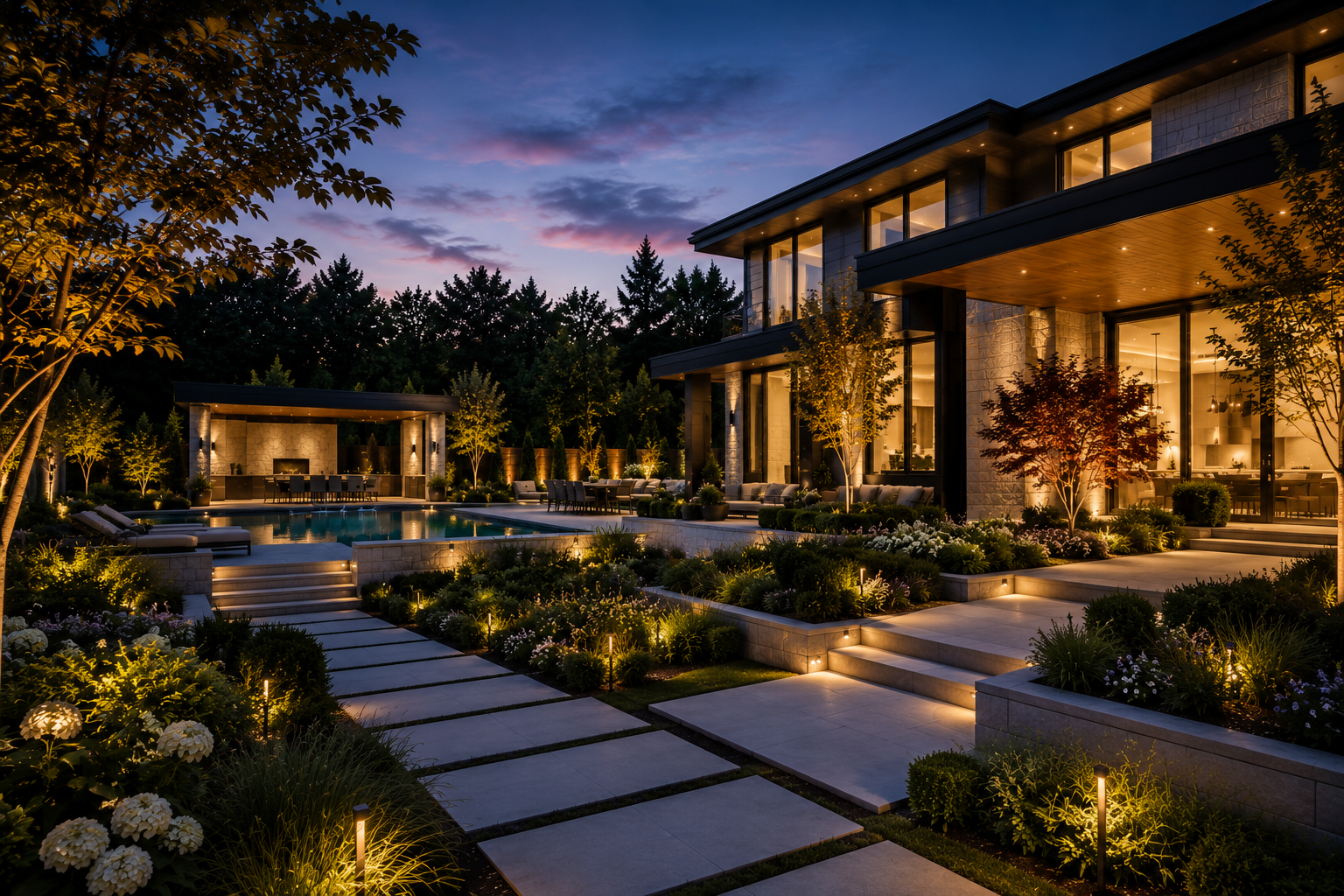 Architectural landscape lighting integrated with luxury residence Toronto