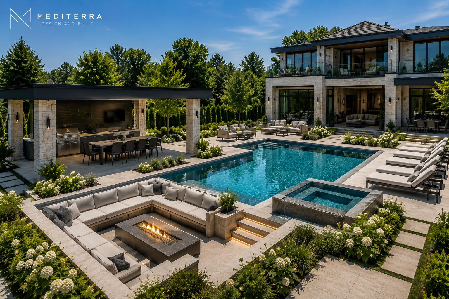 Luxury outdoor living environment with pool pavilion and outdoor kitchen Toronto 