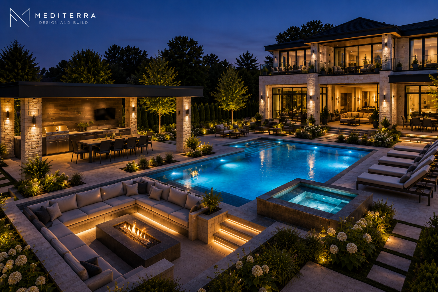Luxury pool lighting integrated with architectural outdoor living Toronto