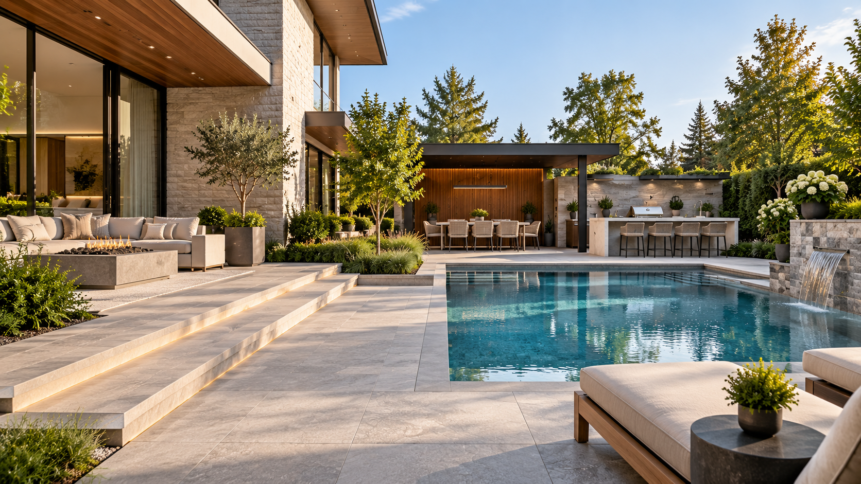 Modern outdoor living area with rectangular swimming pool, lounge chairs partly submerged in water, pergola with seating and fire pit, and outdoor kitchen.