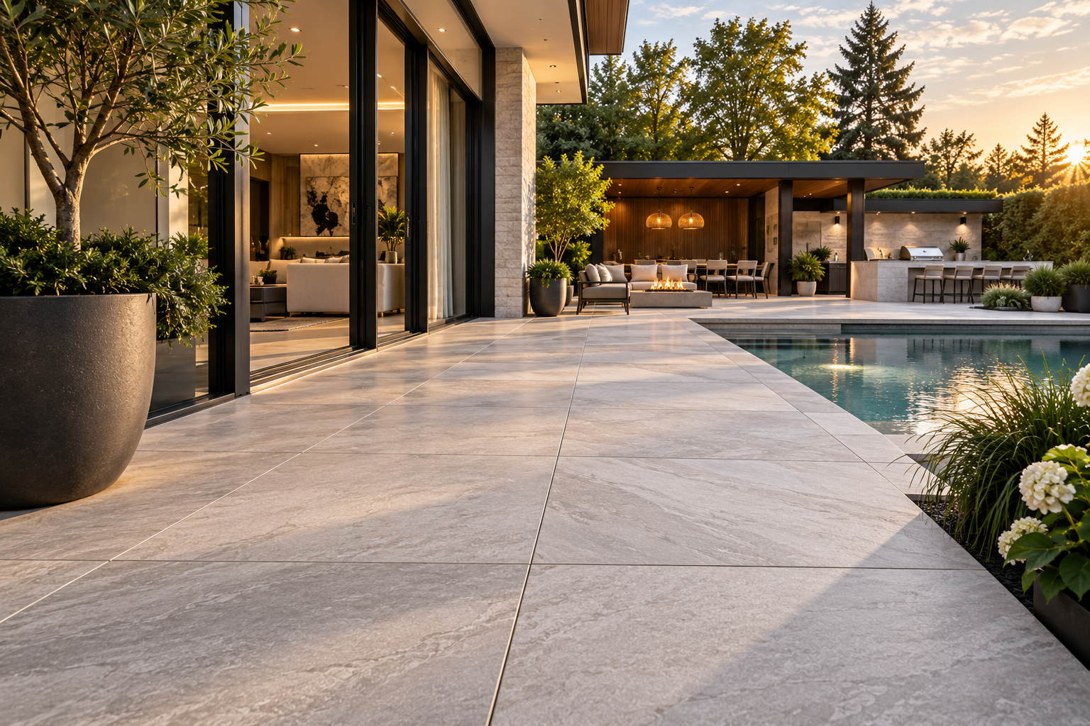 Large-format porcelain paving integrated with luxury outdoor living in Toronto 