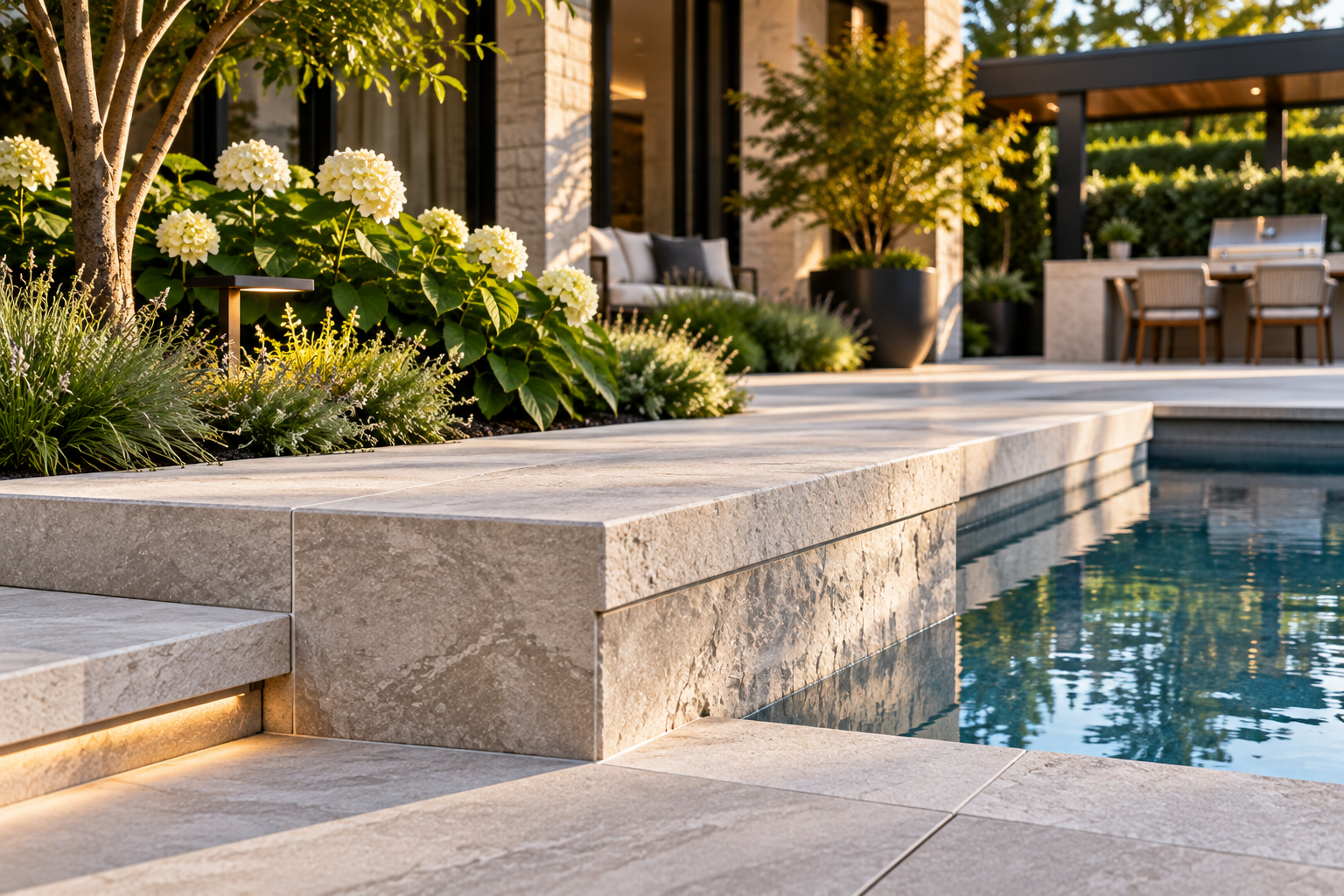 Natural limestone terrace detail within luxury residential landscape Toronto 