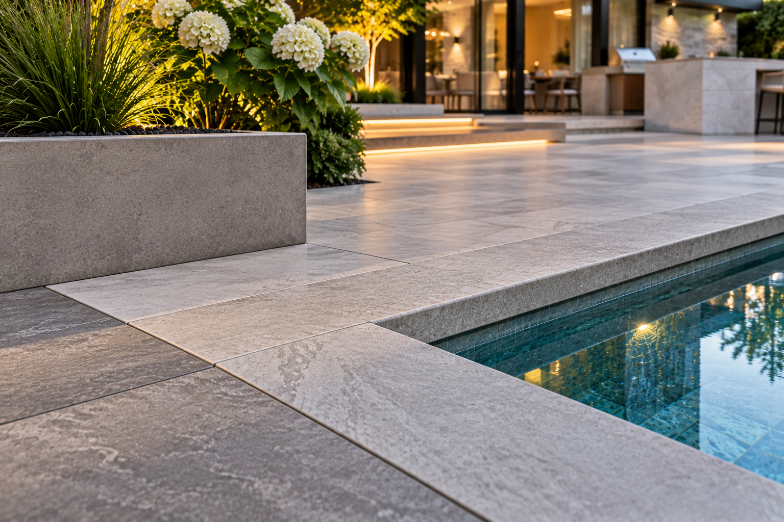 Architectural detailing between porcelain, stone, and concrete in luxury landscape 