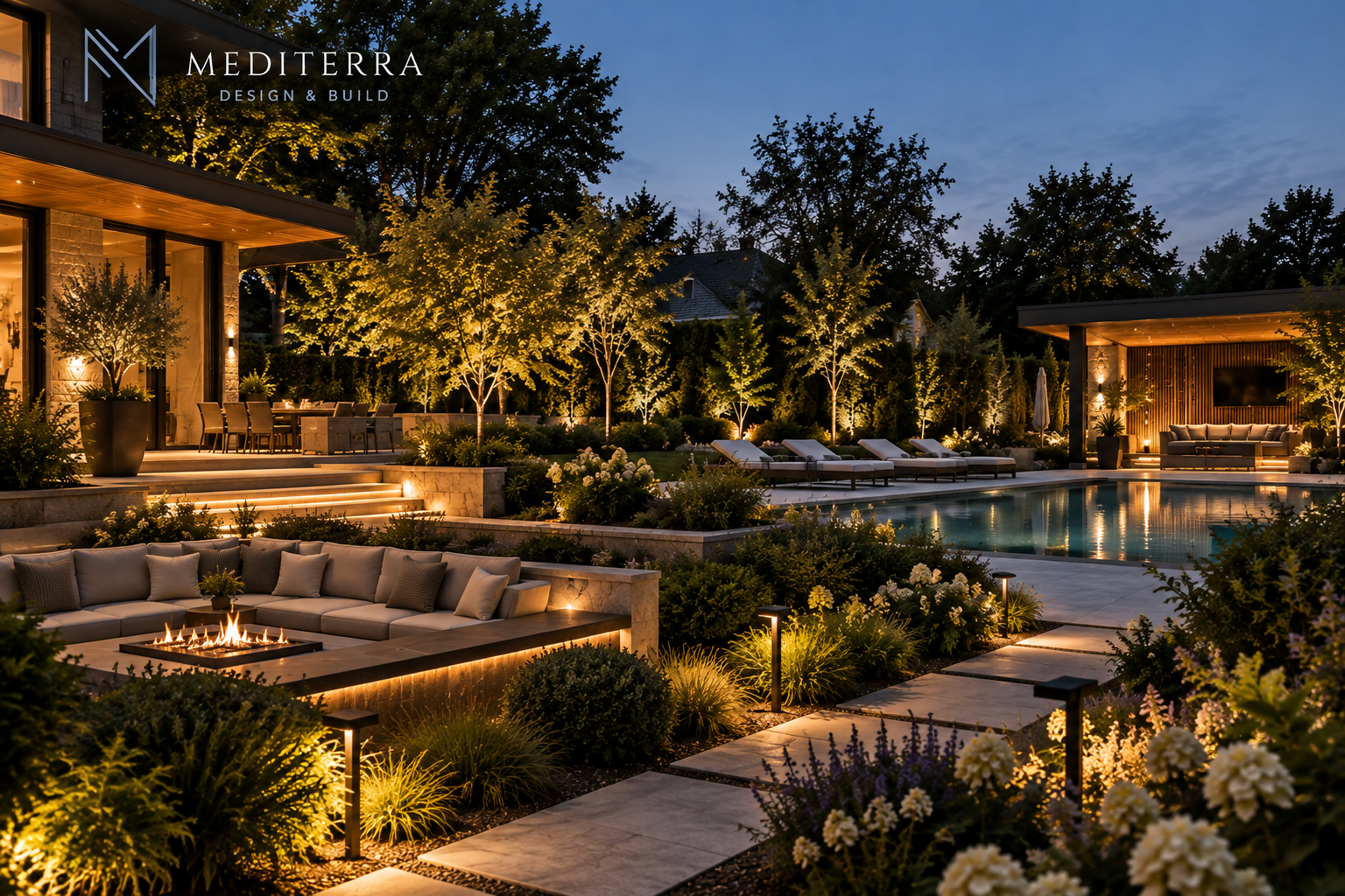 Elegant outdoor living space at twilight with a built-in fire pit surrounded by cushioned seating, terraced landscaping with illuminated trees and bushes, a swimming pool with six lounge chairs on one side, and a covered lounge area with seating and lighting.