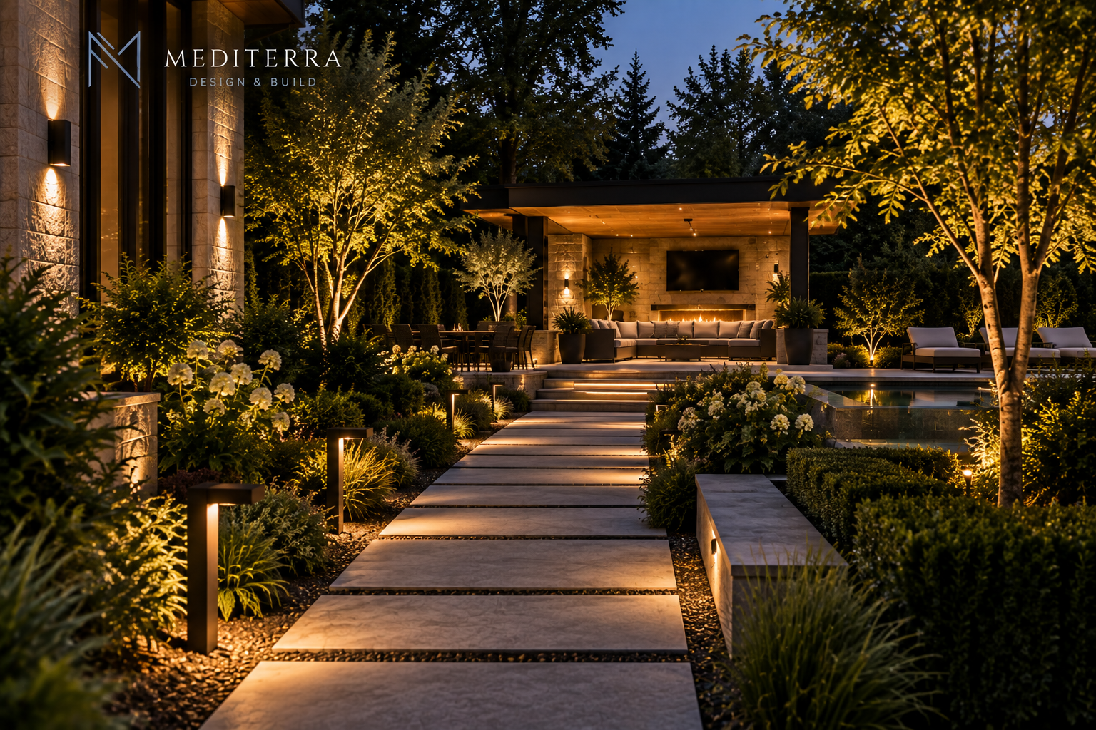 Architectural pathway lighting within luxury landscape Toronto