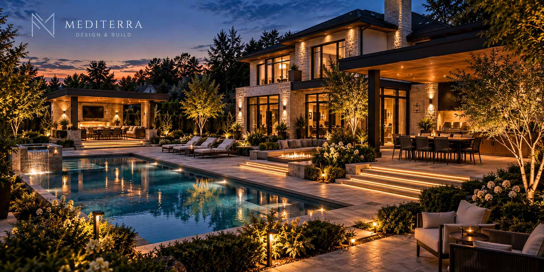 Luxurious backyard at twilight featuring a modern two-story house with large windows, an illuminated rectangular swimming pool, outdoor lounge areas, a dining table under a covered patio, manicured bushes and trees with landscape lighting, and a fire pit integrated into the patio seating.