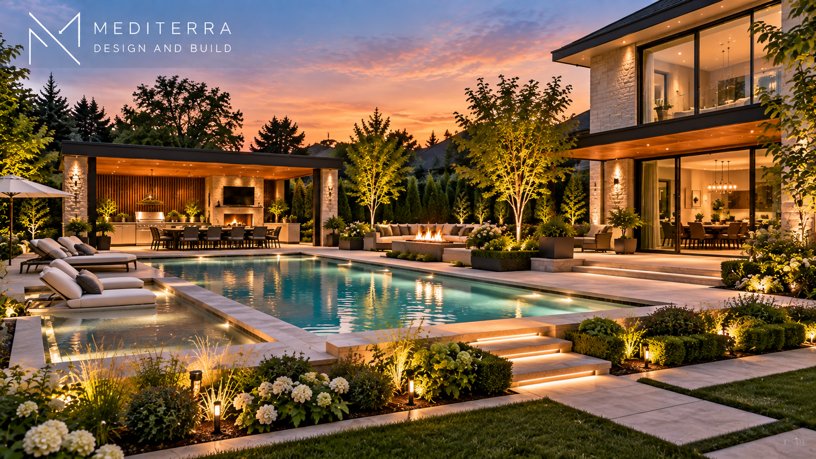 Luxury modern backyard at twilight with a large illuminated swimming pool, adjacent spa, comfortable loungers, a fire pit seating area surrounded by trees and plants, and a covered outdoor dining and kitchen area with stone walls and a fireplace, next to a contemporary house with large glass windows and warm interior lighting.