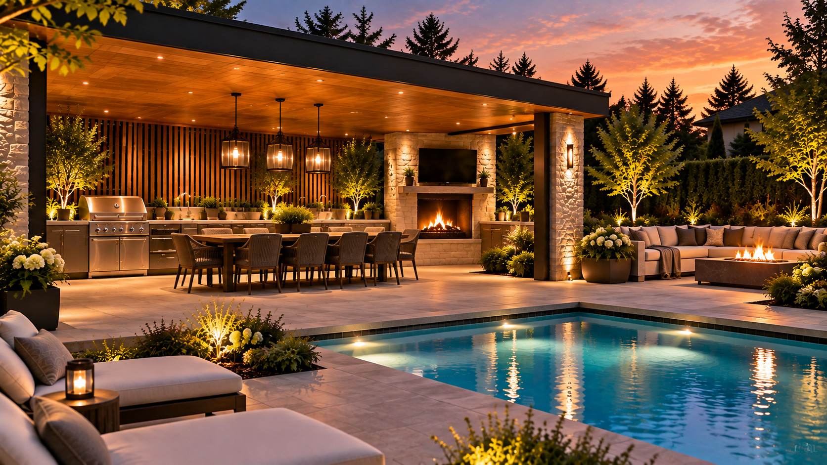 Luxury outdoor patio and pool area at sunset featuring a rectangular pool with underwater lights, cushioned lounge chairs, a large dining table with chairs under a wooden ceiling with hanging lanterns, a built-in grill, stone fireplace with fire and a TV, and a corner sectional sofa around a fire pit surrounded by well-lit plants and trees.