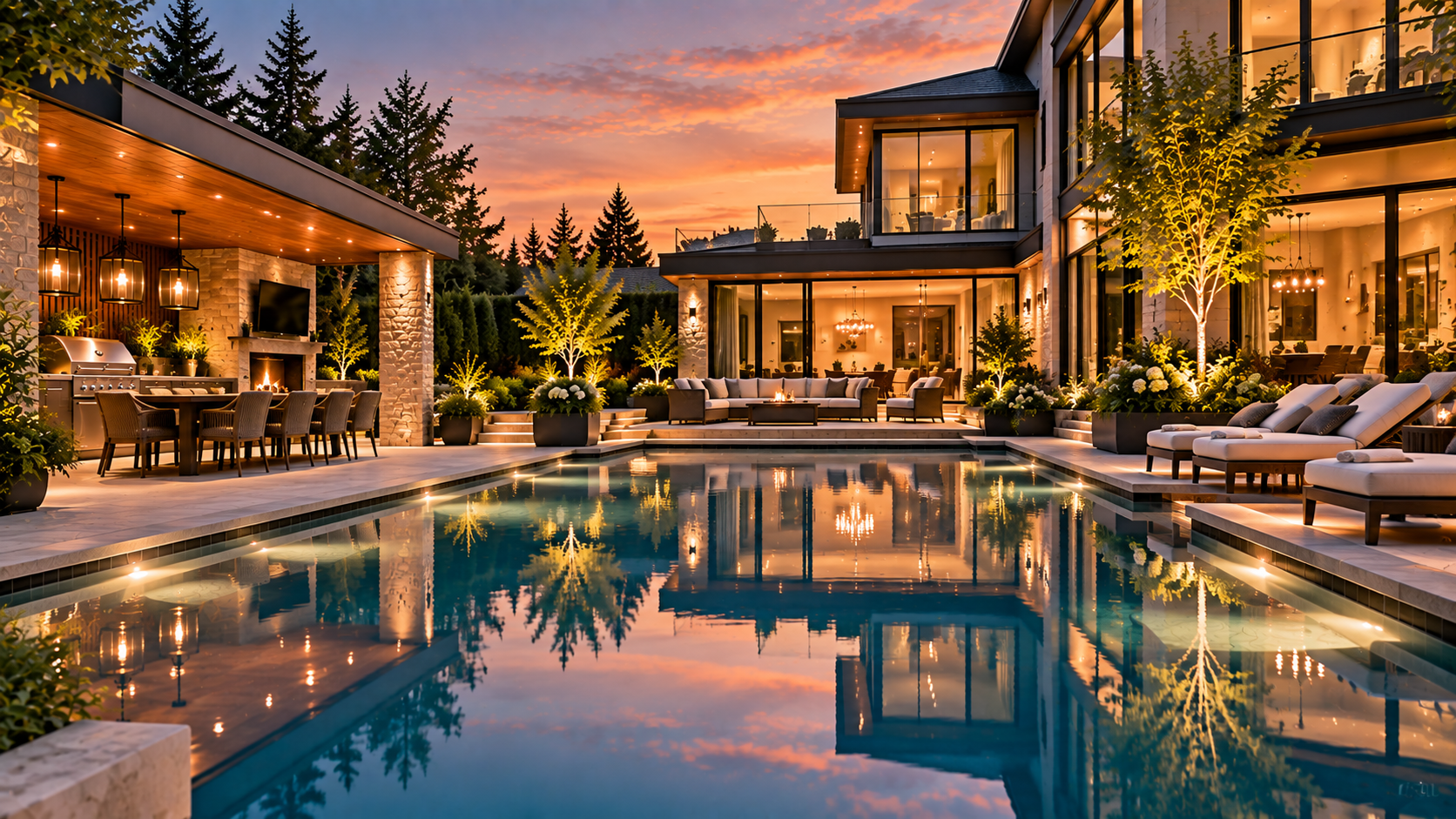 Modern luxury backyard at twilight featuring a large swimming pool reflecting the orange-pink sky, surrounded by outdoor lounge chairs, a seating area with a fire pit, and an outdoor kitchen with barbecue, dining table, and hanging lanterns, all illuminated by warm lighting and framed by trees and tall shrubs.