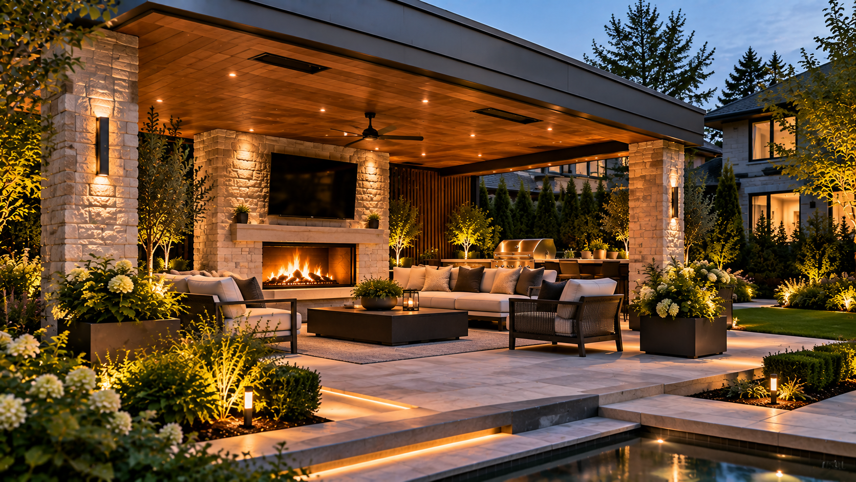 Luxurious outdoor pavilion at twilight with stone pillars, a ceiling fan, a lit fireplace under a mounted TV, cushioned sofas and chairs around a low table, ambient lighting, lush plants, and a built-in grill in the background.