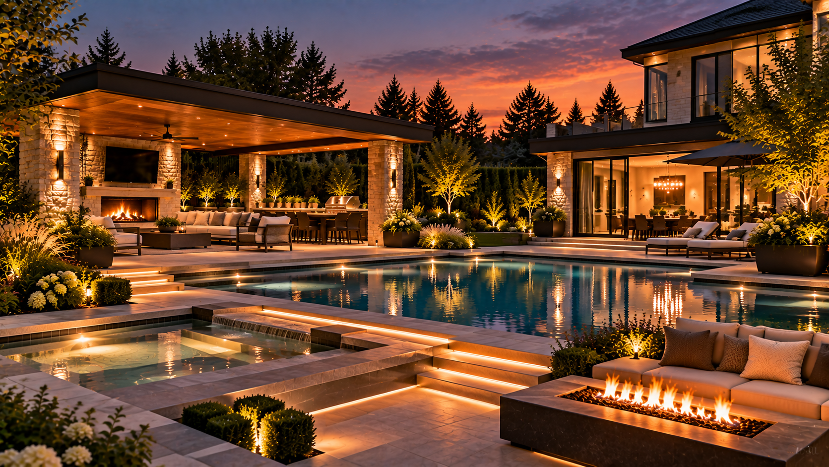 Modern luxury backyard at twilight with a large swimming pool, hot tub, outdoor seating area with fire pit, covered lounge with fireplace and TV, dining table, and well-lit landscaping with trees and shrubs.