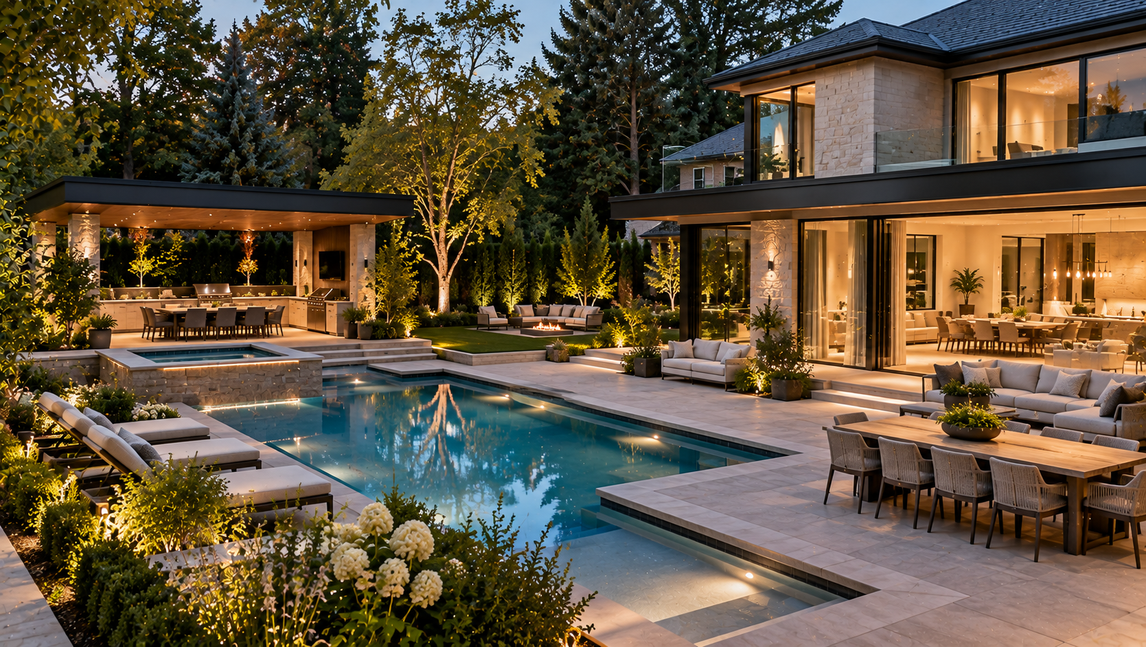 Integrated architectural outdoor living environment connected to luxury residence Toronto