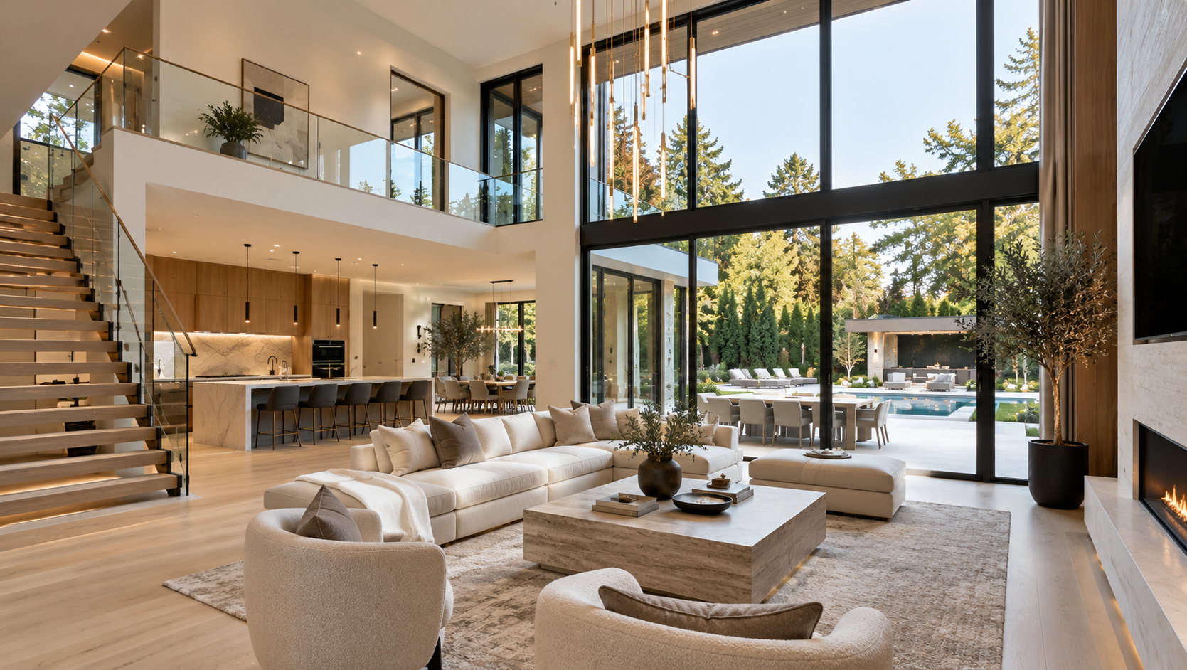 Spacious modern living room with double-height ceiling and floor-to-ceiling windows overlooking a pool and garden, featuring a large beige sectional sofa, two rounded armchairs, a square coffee table with a vase and books, light wood flooring, a floating staircase with glass railing, and a kitchen and dining area in the background, with a fireplace on the right.