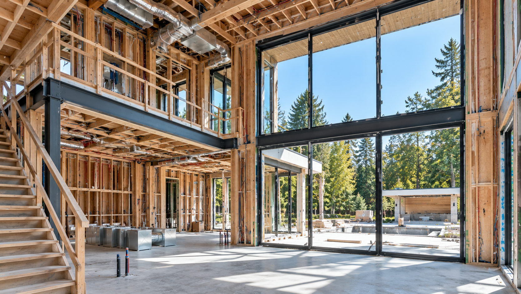 Interior of a luxury home under construction showing exposed wooden framing, metal supports, ductwork, large floor-to-ceiling windows overlooking an outdoor area with trees, and unfinished concrete floor with stairs on the left.