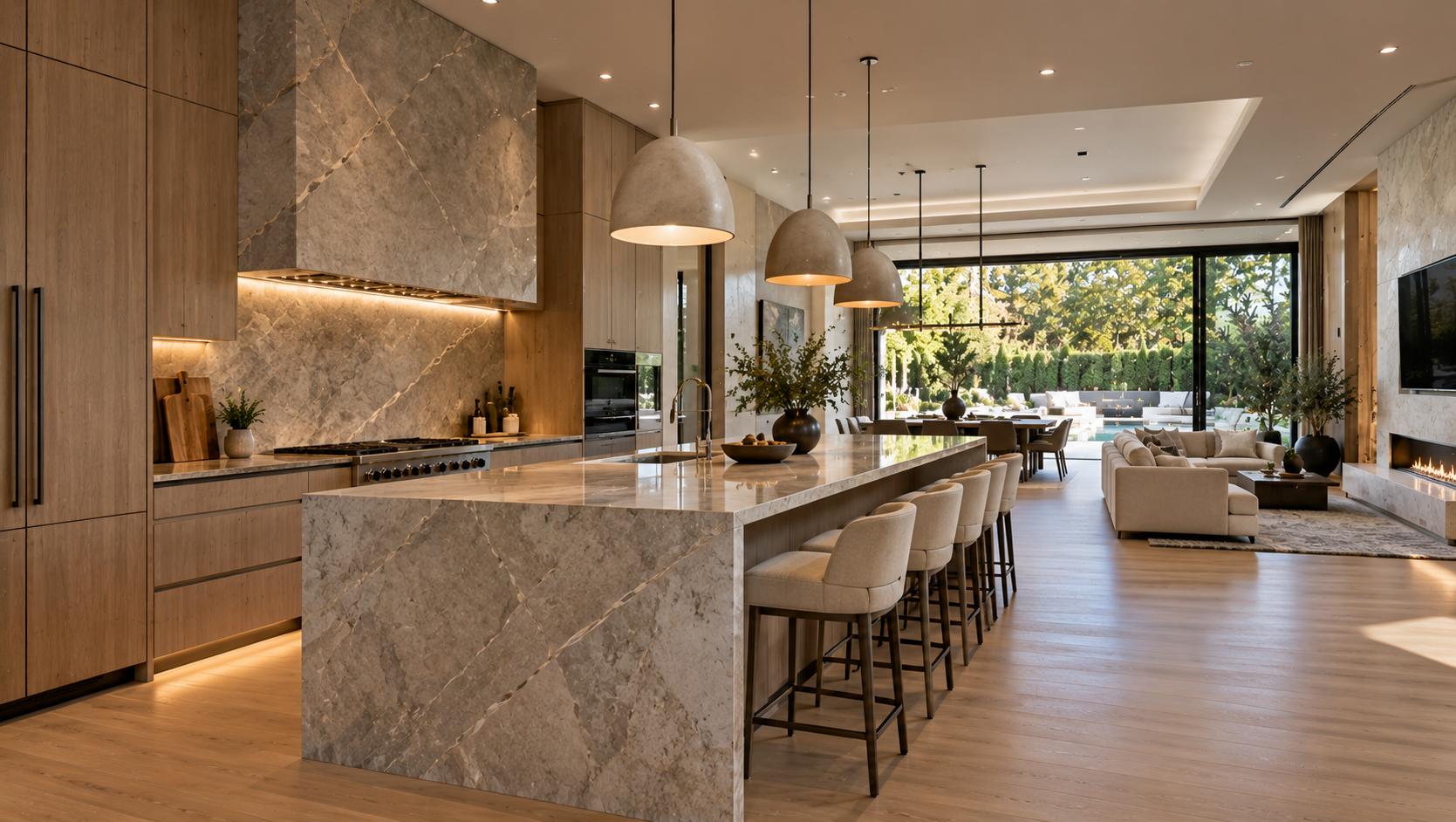 Modern open-plan kitchen and living area featuring a large marble island with six beige upholstered bar stools, three pendant lights, wood cabinetry, a built-in oven, and a stove with a marble backsplash. The living area has beige sofas, a fireplace with a mounted TV, large windows revealing a garden with greenery and an outdoor seating area.