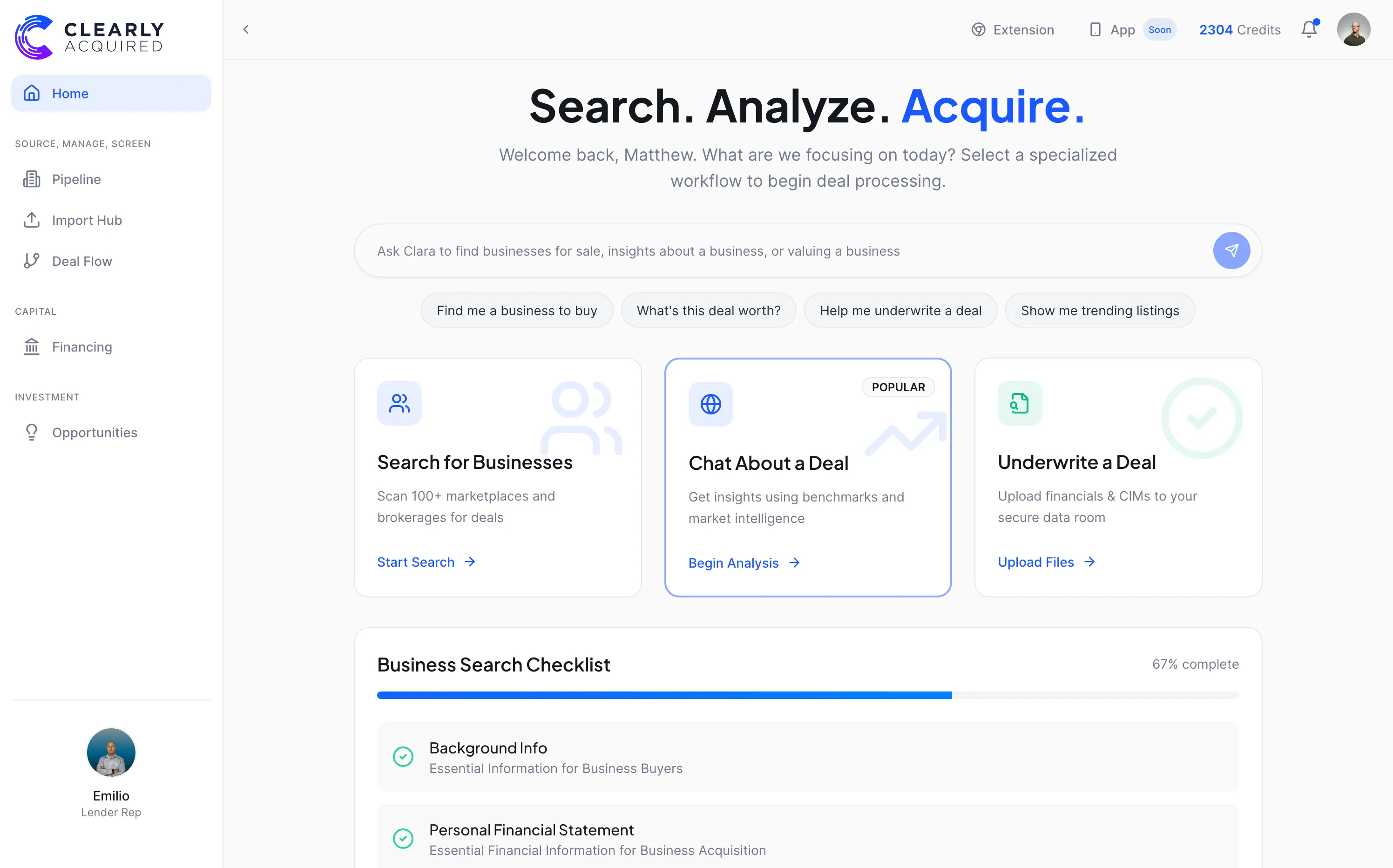 Clearly Acquired dashboard showing options to search for businesses, chat about deals, or underwrite a deal, with a progress checklist and user info.