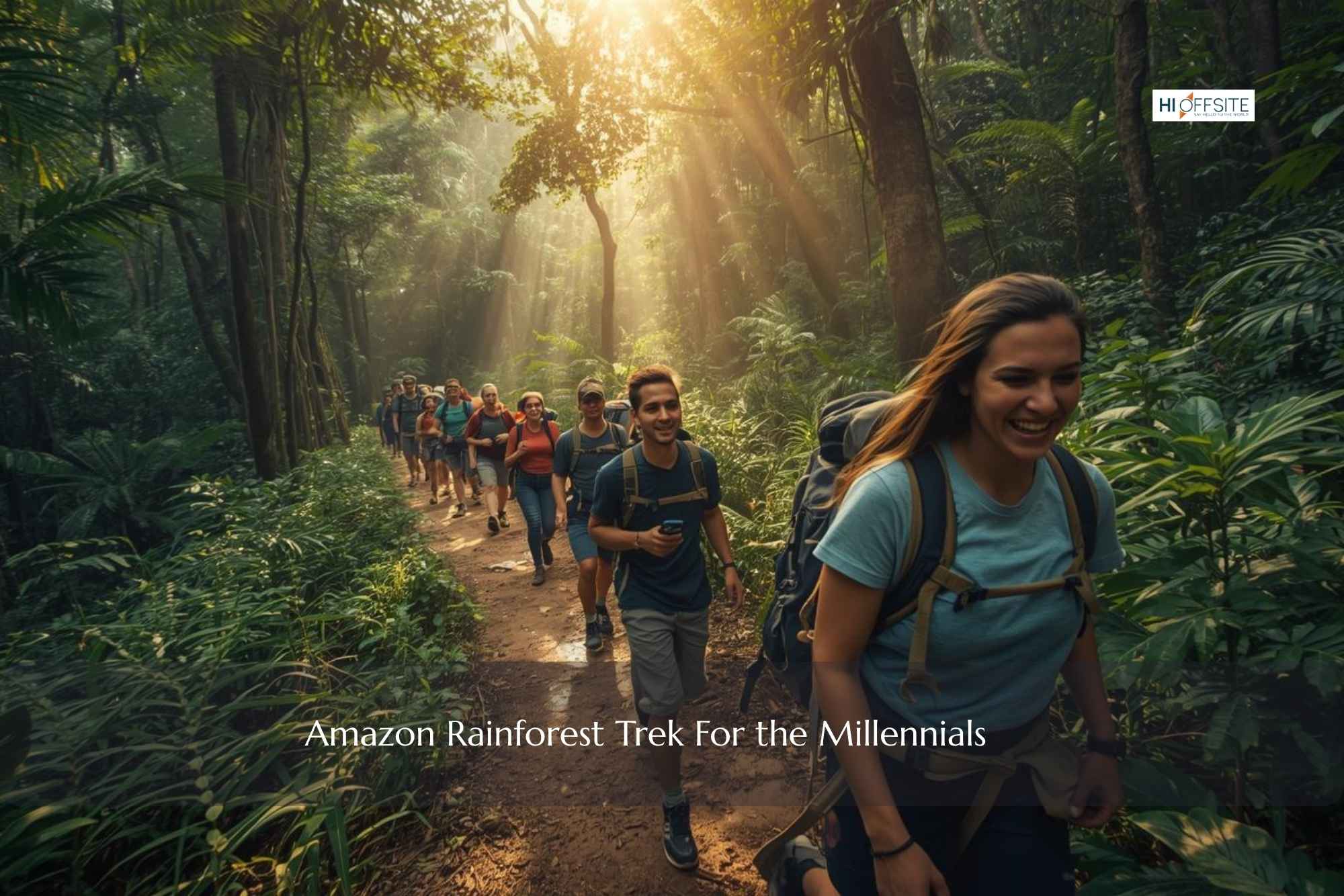 joyful group of young professionals in casual outdoor gear hiking through a lush Amazon rainforest trail