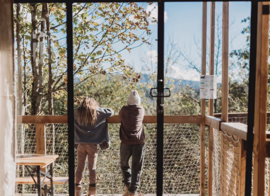 Kinderen die vanaf het terras van een Nest cabin