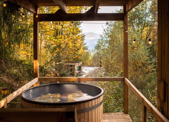 A cabin in the woods with jacuzzi in Alsace in autumn with a view