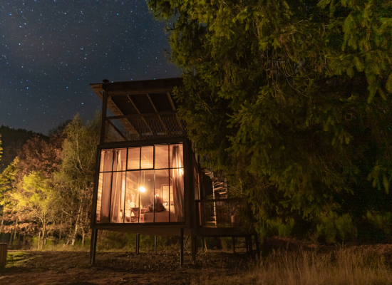One of the Nutchel cosy cabins at night, an ideal place for unique last-minute holidays