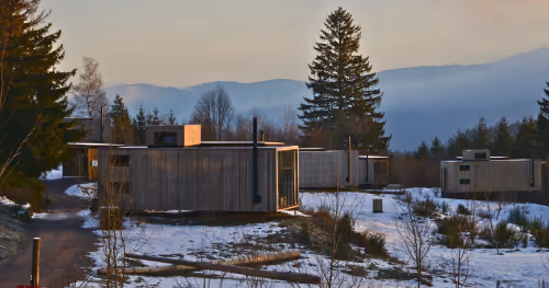 Multiple cabins in the woods in Alsace during Christmas holidays