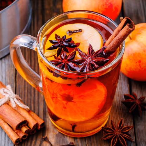 Hot apple cider ready to drink during a stay in a cabin in Belgium