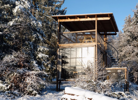 Canopy cabin in the woods in Alsace, with a rooftop terrace and a free sauna session included in every stay, covered with snow