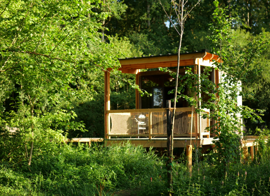 The Sweet cabin, a romantic tiny house near Paris, surrounded by trees in spring