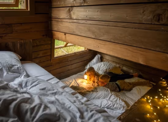 Twee kinderen die op het queensize-bed in het bos zitten te lezen cabin