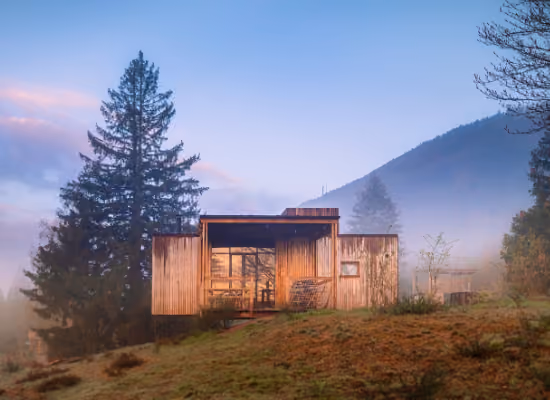 Une cabane dans la forêt, dans la brume matinale, à Alsace