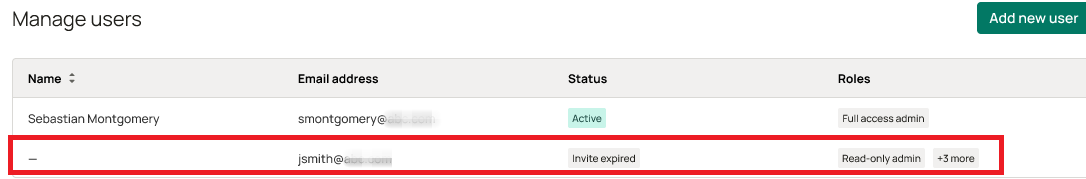 User list with the expired invite row selected