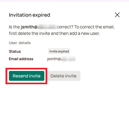 Resend invite button in the user detail panel