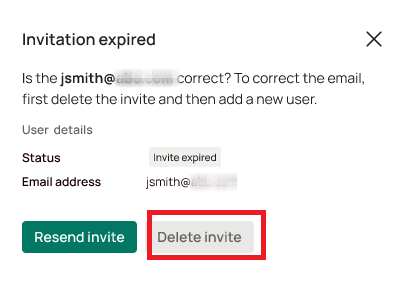 Delete invite button in the user detail panel