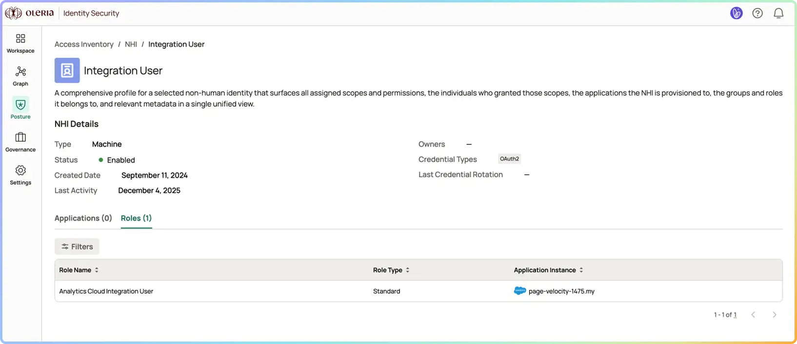 Dashboard screen showing Integration User profile details with roles and credential type OAuth2 in Oleria Identity Security.