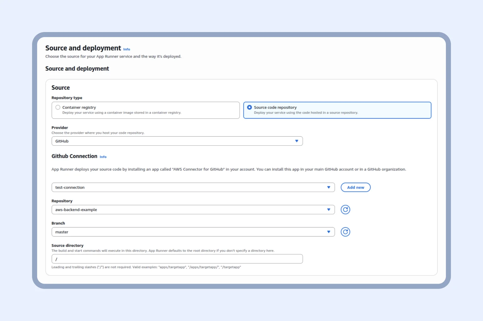 Creating App Runner service starts with choosing the right source
