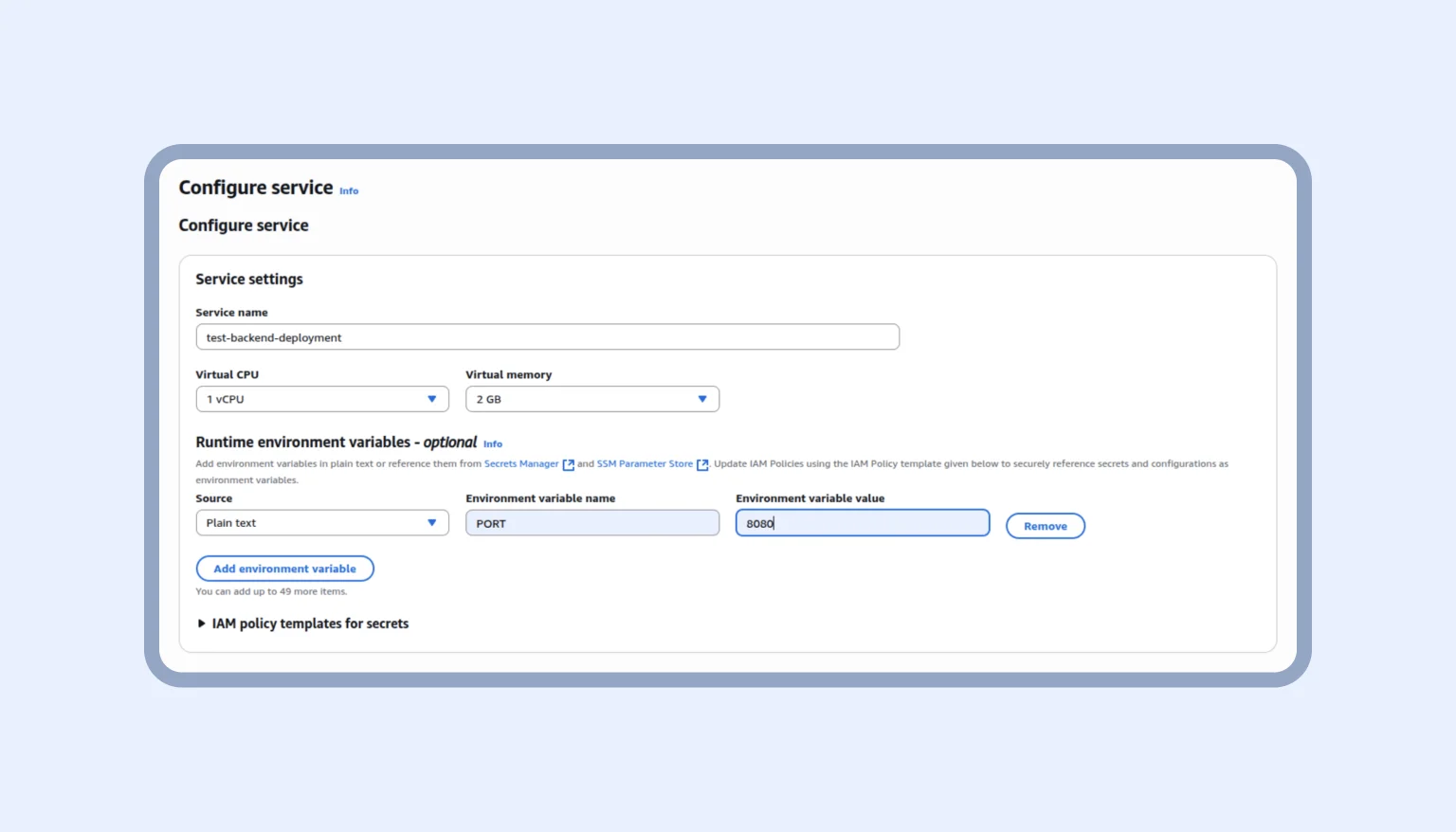 Service configuration — penultimate step before launching App Runner
