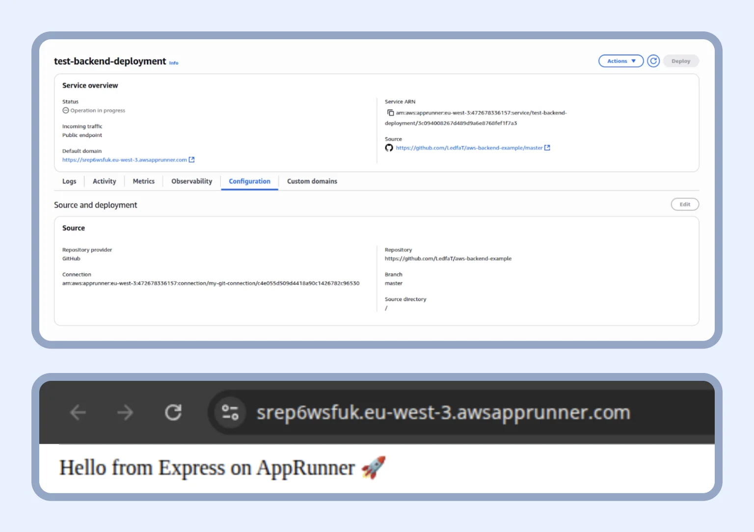 Deployment complete — visit the domain to see your backend live