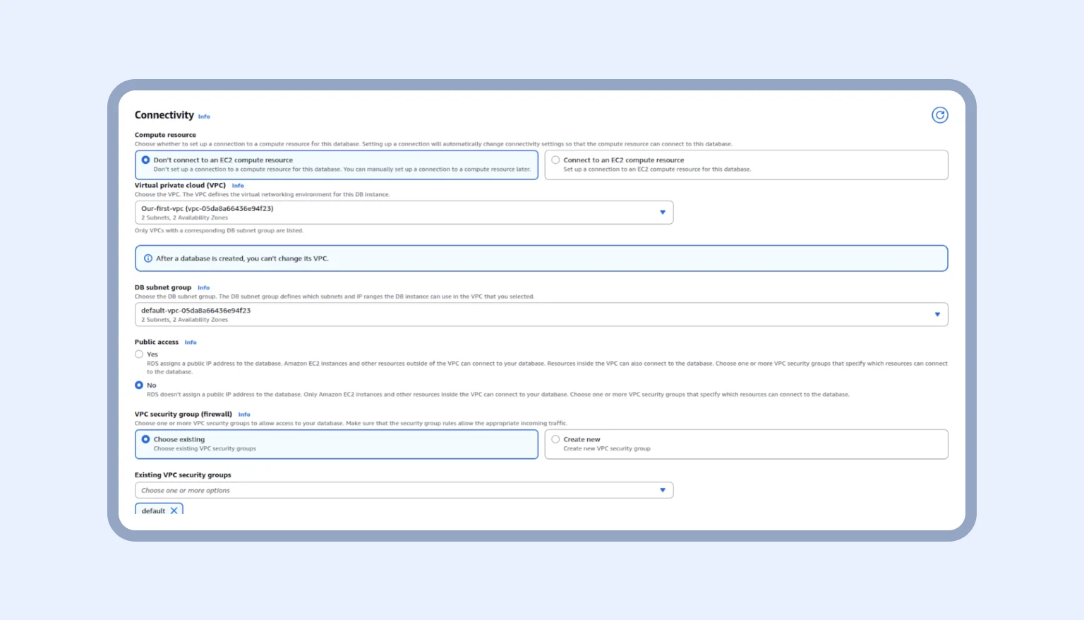 Step 6: Defining network access controls for your database