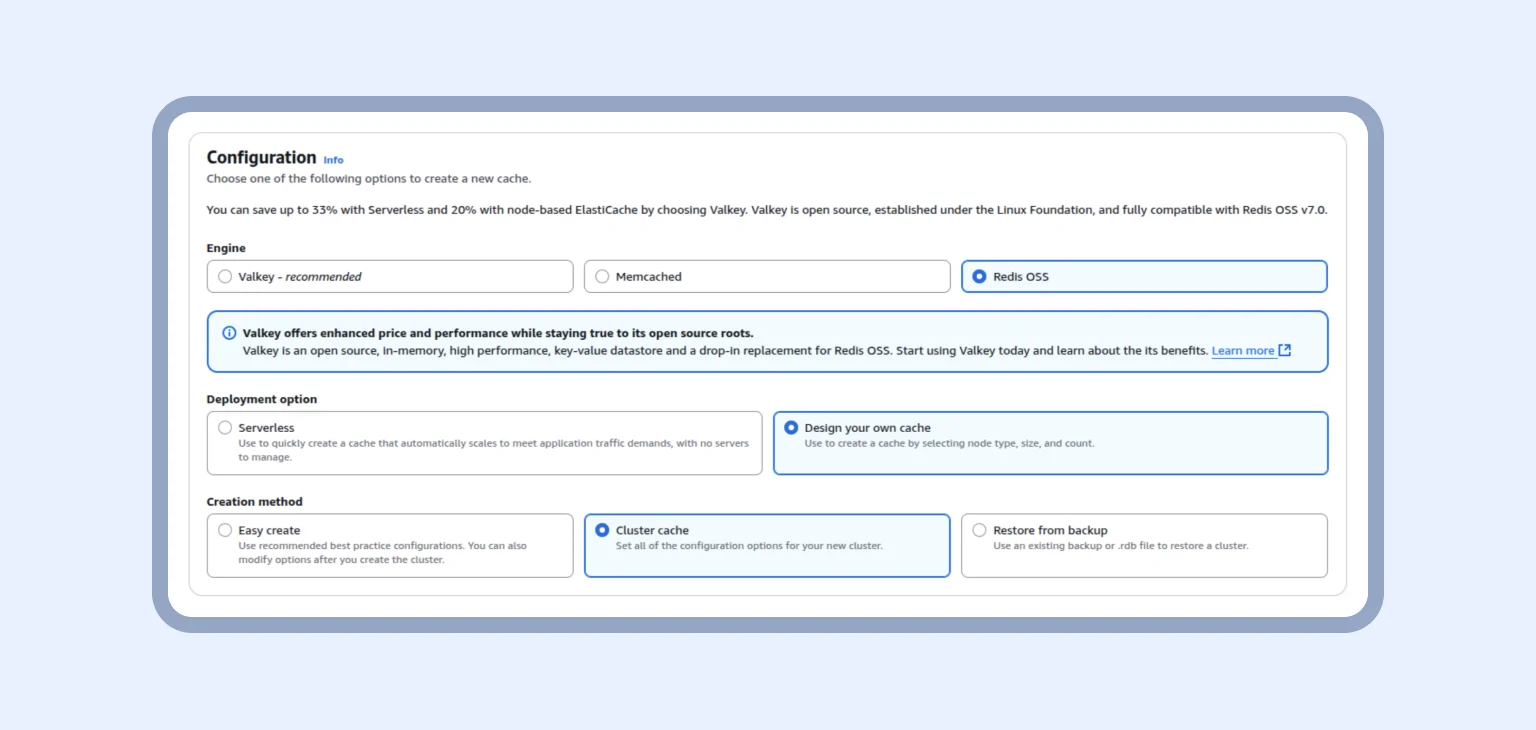 ElastiCache setup begins with engine and deployment settings