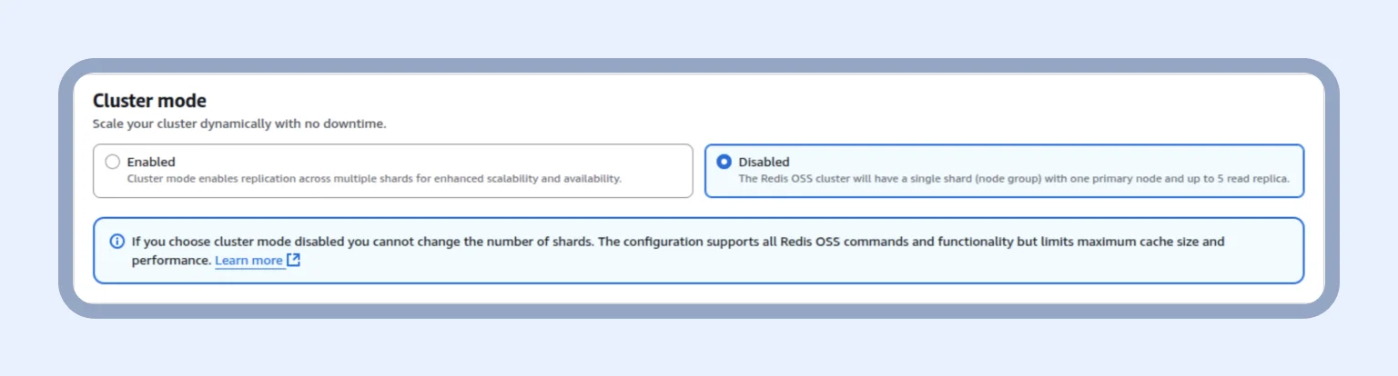 Leaving Cluster mode disabled is perfect for a test project