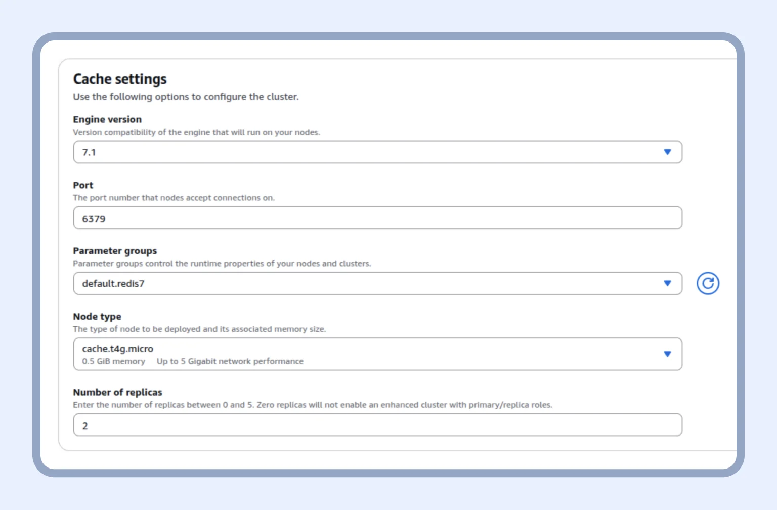 Cache settings offer various options to configure the cluster