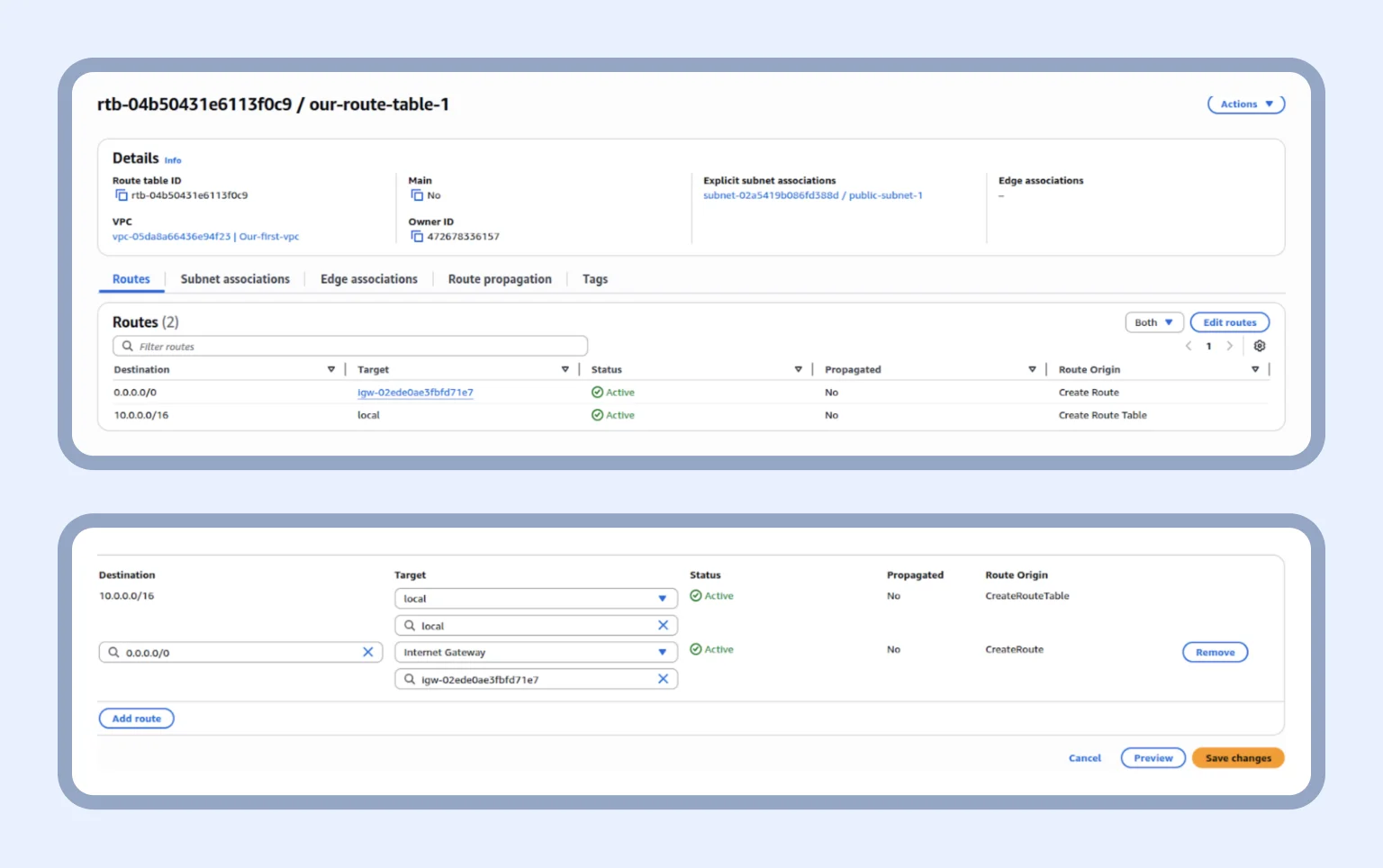 Routes editing allows two-way internet access for all subnets