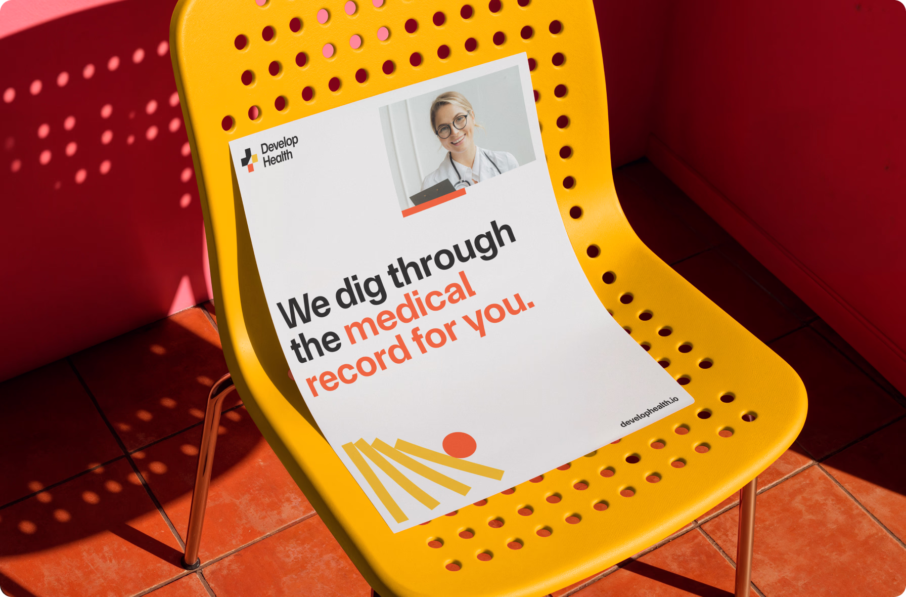 Swiss-style branding applied across healthcare merch assets
